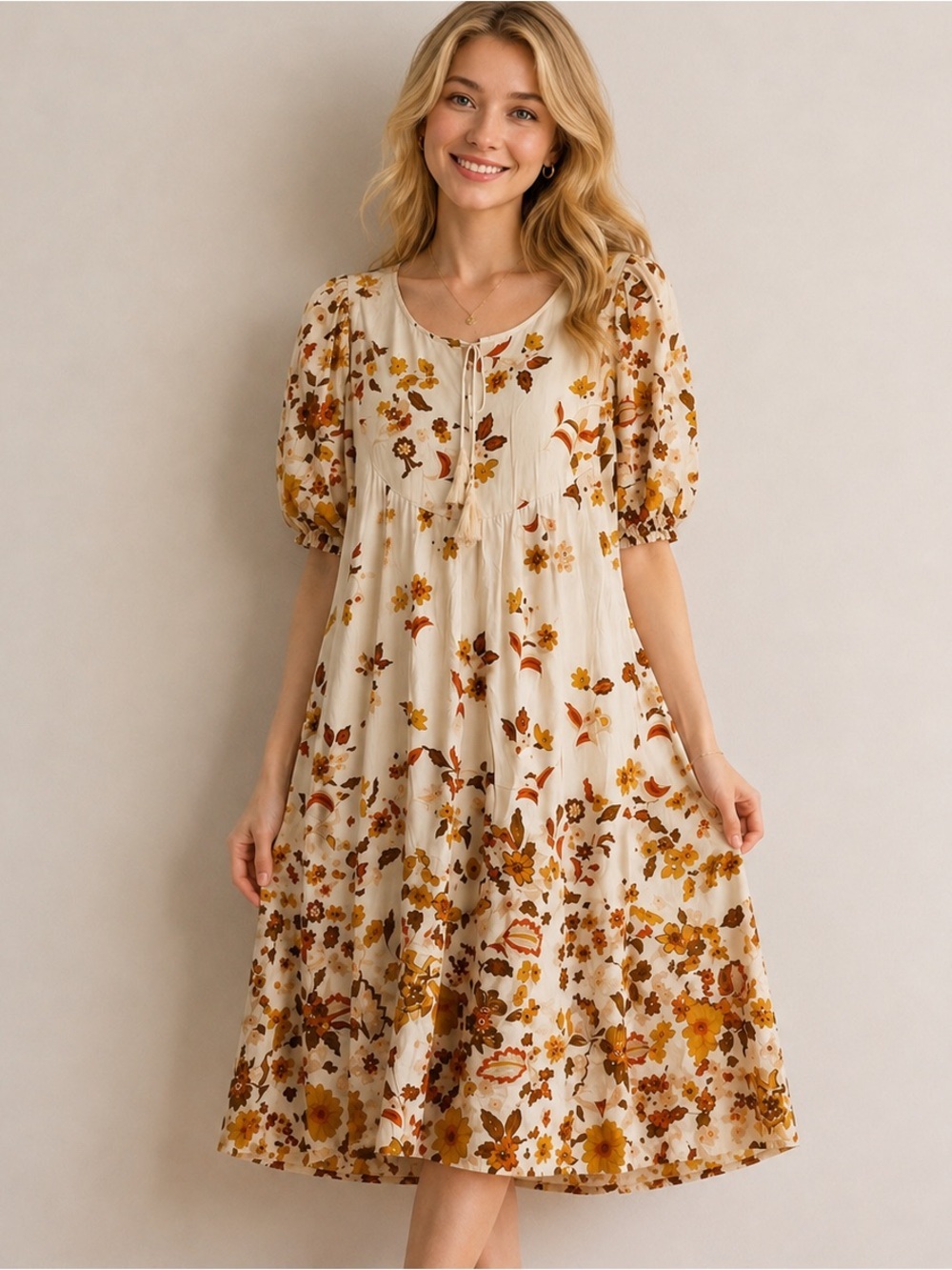 Polagram Cream Floral Puff-Sleeve Midi Dress